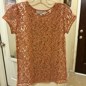 LOFT Orange Lace Fitted Blouse Short Sleeve
